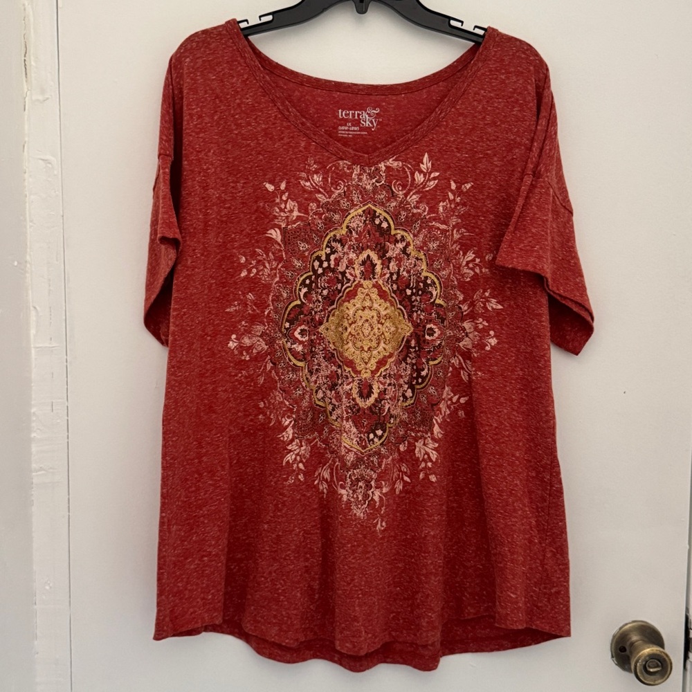 Terra & Sky blouuse tee marron Floral Short Sleeve Tee 1x errands lagenlook